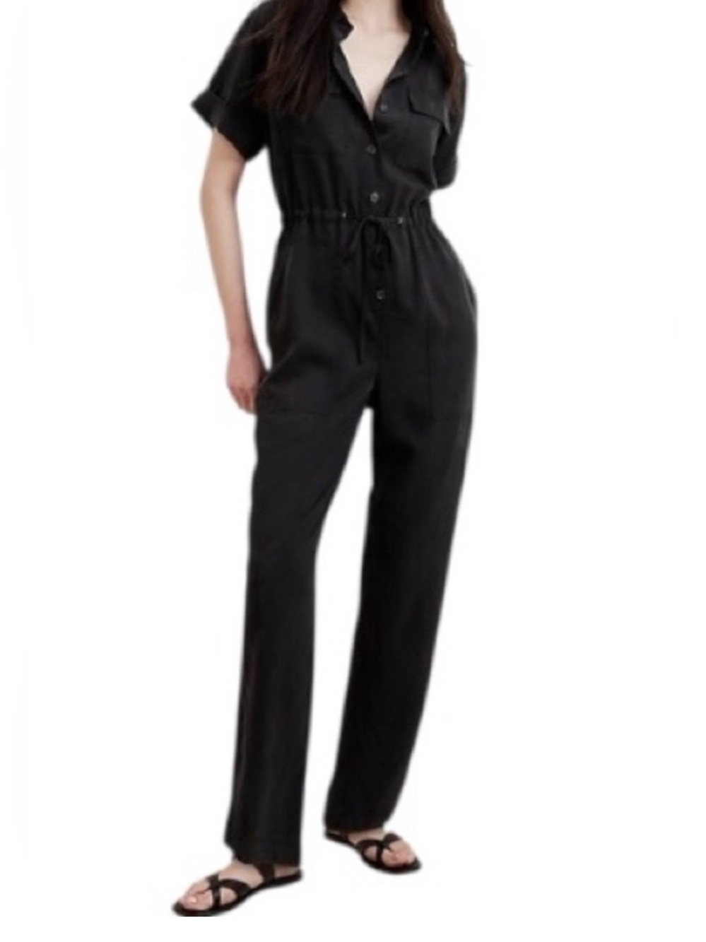 Banana Republic Black Short-Sleeve Button Front Utility Jumpsuit